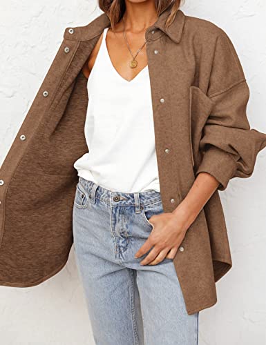 Merokeety Women's Oversized Long Sleeve Shacket Jacket Button Down Wool Blend Coats With Pockets, Brown, S #TOP4