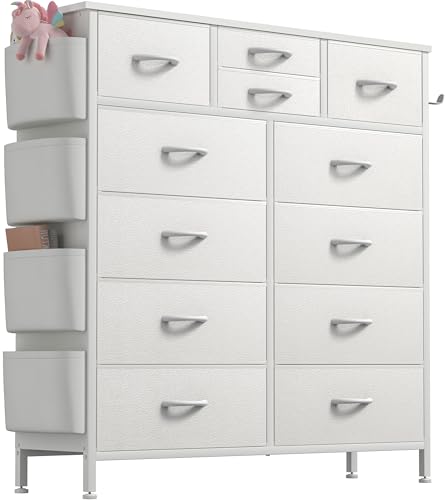 Buluri Kommode mit 12 Stoffschubladen Komodenschrank mit Seitentaschen und Haken Holzplatte und Metallrahmen Stoffkommode für Schlafzimmer Wohnzimmer Flur Kinderzimmer (Weiß)