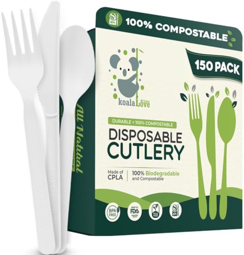 100% Compostable cutlery knives forks spoons 150 Large Disposable...