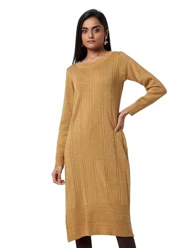 Image of Aurelia Women Acrylic Straight Fit Gold Lurex Solid Yarn Dyed Straight Kurta