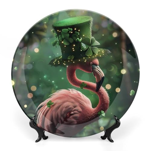 Assiette décorative Flamingo Shamrock St Patricks Day avec présentoir Assiette en céramique Assiette en Porcelaine pour décoration de fête de Mariage