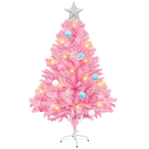4FT Pink Christmas Tree,Artificial Christmas Tree,Xmas Tree with Warm W hite Light Metal Stand for Indoor and Outdoor Holiday Decoration