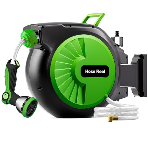 Retractable Garden Hose Reel 100FT x 5/8 in, Wall Mount Water Hose Reel for Outside with Auto Rewind, Tangle-Free Guide, 180° Swivel Bracket, Lock at Any Length, High-Pressure Flow, 10-Pattern Nozzle