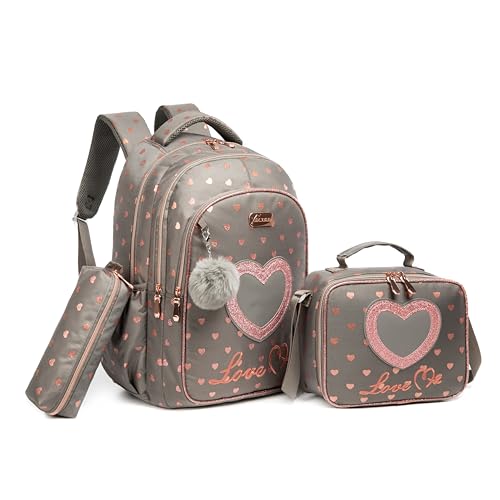 Conjunto de Mochila Escolar Infantil com Bolsa Térmica e Estojo - Ideal para Meninos e Meninas de 7 a 12 Anos (Coração de ouro cinza)
