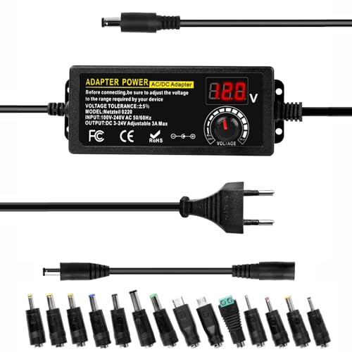 Adaptador de fuente de alimentación ajustable BuyWeek 3A 72W, adaptador de corriente universal con salida CC de 3 V ~ 24 V, entrada CA de 100 V-240 V, adaptador CA a CC con 14 puntas y cable de polari