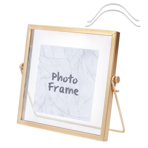 OLYCRAFT 16x16cm Glass Picture Frame Vertical Gold Metal Photo Frame Simple Metal Geometric Picture Frame Tabletop Shelf Photo Frames with Glass Front Frames for Home Office Wedding Desk Stand