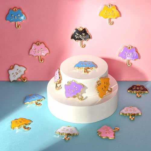 Stiesy 30Pcs 6 Colors Enamel Umbrella Charms Pendants Cute Cat Shape Umbrella Charms Colorful Umbrella Dangle Charms for Jewellry Making DIY Crafts - Image 4
