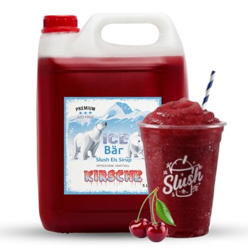 Foto von ICE Bär Slush Konzentrat Geschmack: Kirsche Rot 5 L | Ergibt 30 L Slush | Glycerinfrei & AZO-frei | Fertigmix ohne Zuckerzusatz | Sirup für Slushmaschine & Frozen Drinks | Made in Germany