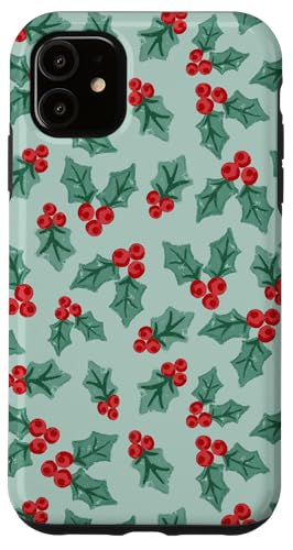 ヒイラギ グリーン レッド クリスマス 冬 パターン 葉と果実 スマホケース iPhone 11 用