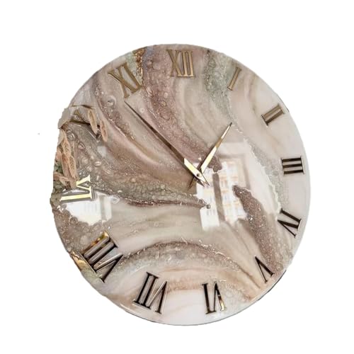Image of Handmade Resin Wall Clock with Roman Numerals - Luxury Marble Effect Designer Wall Clock with Gold Finish, Silent Quartz Movement, Modern Home & Office Decor, Golden