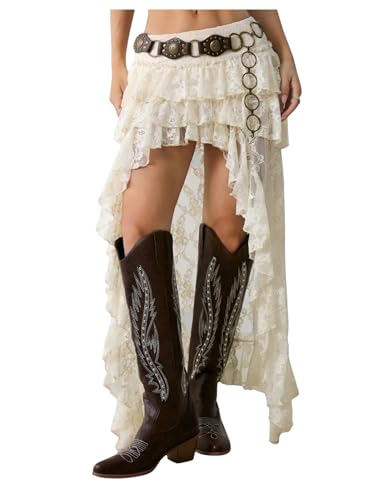 Verdusa Women's Concert Outfits Sheer Lace Tiered Layered High Low Cowgirl Skirts Boho Western Ruffle Skirt