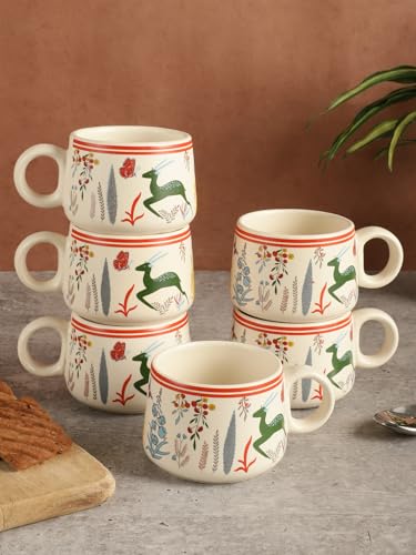 Image of miah decor Ceramic Tea Cups Set of 6 - Cream Red | Handcrafted Stoneware Matte Deer & Floral Finish | Microwave & Dishwasher Safe Coffee Cups & Mugs for Home, Office & Gifting - Every Occasion |180ml