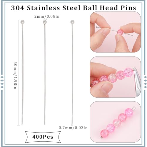 SUNNYCLUE 1 Box 400Pcs Ball Pins 50mm 304 Stainless Steel Ball Head Pin Jewellery Pins Ball Head Straight Pins Ball Pin Jewellery Earring Pins for Jewellery Making Accessories DIY Earrings Craft - Image 2