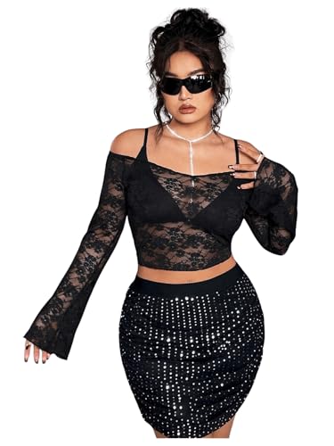 SHENHE Women's Plus Size Lace Tops Bell Sleeve Off The Shoulder Sexy Sheer Rave Crop Tops4