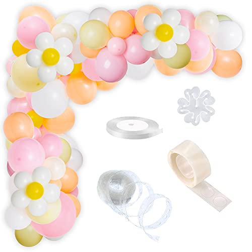7ilaewen 153Pcs Daisy Groovy Balloon Arch Garland Kit Macaron Pink White Yellow Orange Boho Balloon Garland, Daisy Flower Latex Helium Balloons Party Decorations for Daisy Theme Birthday Party Wedding