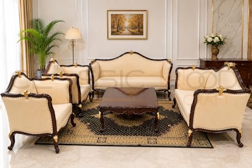 Image of Classic Wood and Craft 3+2+1+1 Wooden Sofa Set Center Table Victorian Handcrafted Teak Wood Living Room Furniture Rich Walnut Finish Gold Accents & Beige Upholstery Elegant Royal Style Home