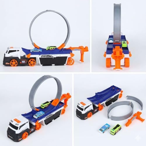 Image of Turbo Track Ejection Car Transporter Truck Toy with Stunt Loop & 2 Racing Cars | Light & Sound Multi-Level Launcher Vehicle Playset for Kids, Collectors & Adults