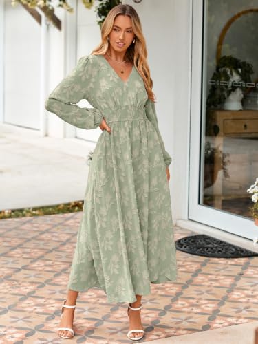 Image of Simplee Womens Boho Floral Long Sleeve Maxi Dress V Neck Empire Waist Fall Wedding Guest Dresses with Pockets