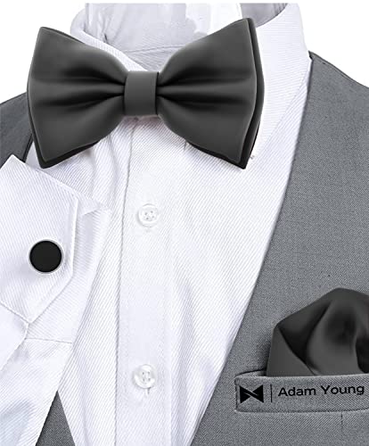 Image of Adam Young Men's Bow Ties with Handkerchief & Cufflinks Pre-Tied Style Formal Satin Classic Bowtie for Tuxedo Faux Silk