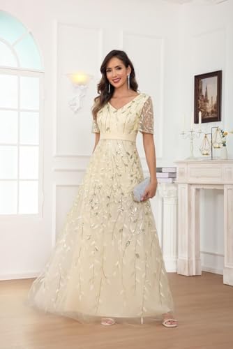 Sequin Mother of The Bride Dresses for Women Sparkly Short Sleeve V Neck Long Formal Evening Gown2