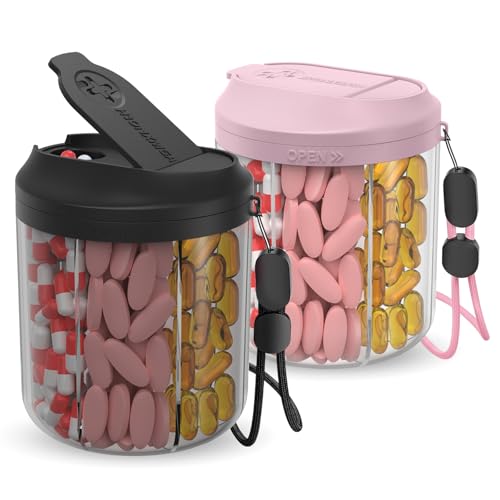 Image of Hionxmga Pill Dispenser with 7 Large Compartments, Pill Bottle Organizer for Travel, Supplement Organizer with Anti-Mixing Design, BPA-Free Pill Container with 20 Pcs Labels, Pink + Black