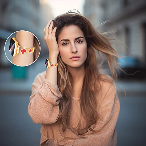 Eliphonic Cute Luxury Diamond Stainless Steel Metal Glitter Apple Watch Band 38Mm 40Mm 41Mm 42Mm 44Mm 45Mm For Iwatch Series 8/7/6/5/4/3/2/1/Se Womens Metal Wristband Strap(Gold/Red, 38/40/41Mm) #TOP6