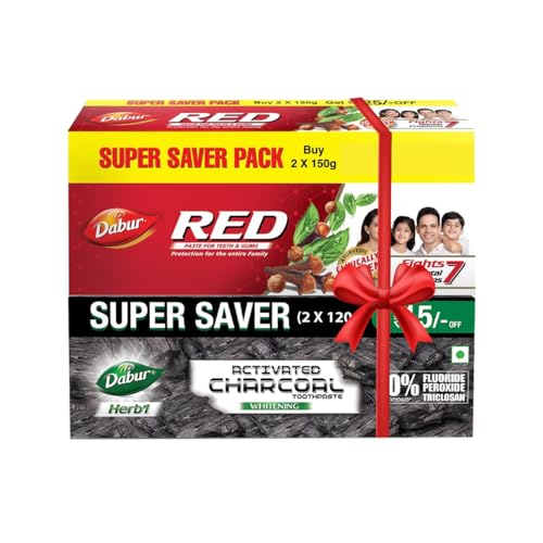 Image of Dabur Red Toothpaste-300g Family Pack With Toothbrush + Herb'L Charcoal&Mint (Black Gel) Toothpaste-240g (120gx2,Pack Of 2) | Fights Plaque&Extrinsic Stains | Whitening Toothpaste, Fluoride Free