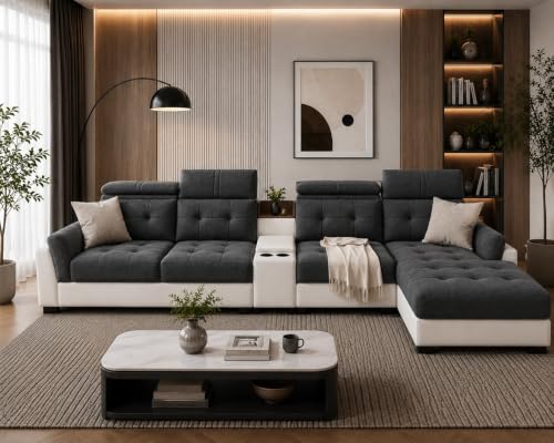 Image of Torque Lunix Modular 5 Seater Sofa with Lounger - RHS-Dark Grey | Premium Fabric Sofa Set with Cushion | L-Shaped 5 Seater Corner Sofa for Living Room Furniture