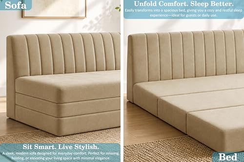 Image of 3-Seater Foldable Floor Sofa Bed with, Modern Velvet Fabric Folding Couch for Living Room, Guest Room & Small Spaces-Golden