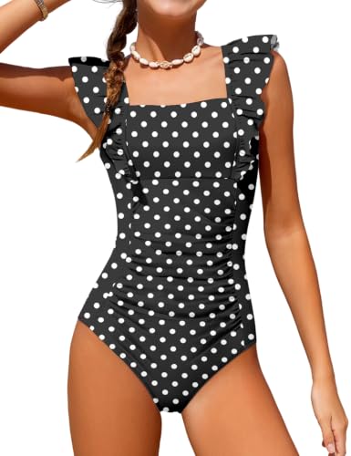 Image of NECIOUS Girls Swimsuit Ruffle Adjustable Straps One Piece Bathing Suit Solid Color Ruched Girls' Swimwear 9-16Y