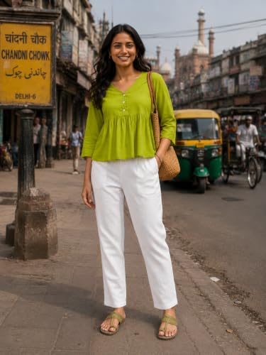 Image of DIGITAL SHOPEE Women Cotton Regular Fit Elastic Waist Casual Ankle Pant Trouser with Two Side Pocket