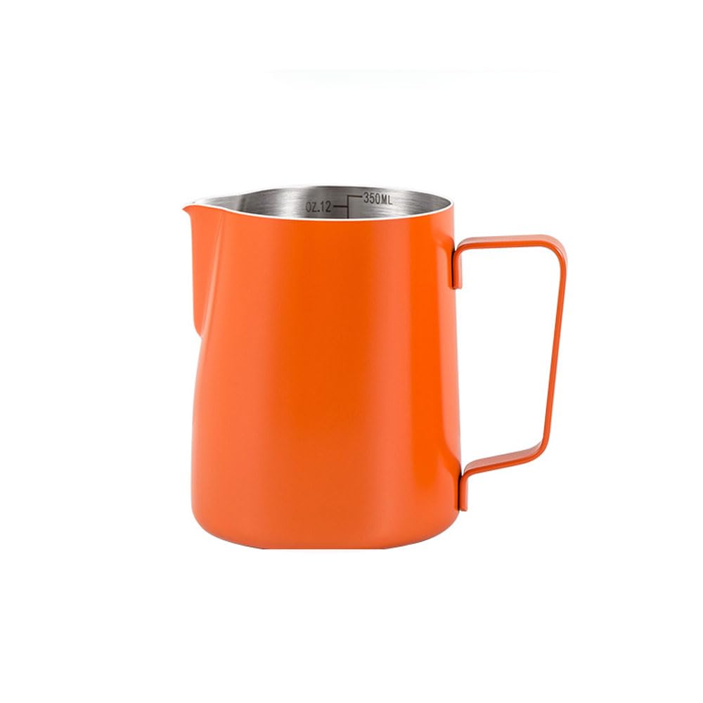 350ml/12oz Milk Frothing Pitcher Jug, Barista Style Metal Measuring Cup 304 Stainless Steel with Measuring Scale for Coffee, Latte and Milk, Steady Pour Lip and Measuring Scale, Orange