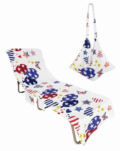 4th of July Beach Chair Towel Covers for Chaise Lounge with Side Pocket, Soft Plush Pool Towels Cover for Patio Sunbathing Outdoor 29''x85'' Independence Day Stripes Stars White