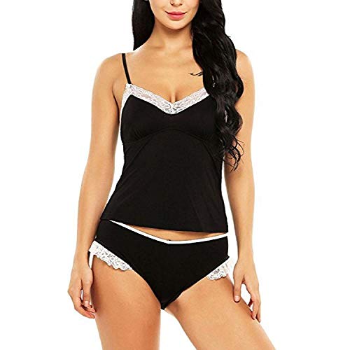 QINGQU Women's Erotic Lingerie Sets Erotic Clothing New Imitation Silk Black Home Service Two-Piece Fashion and Comfortable lace Pajamas Suit Black XXL