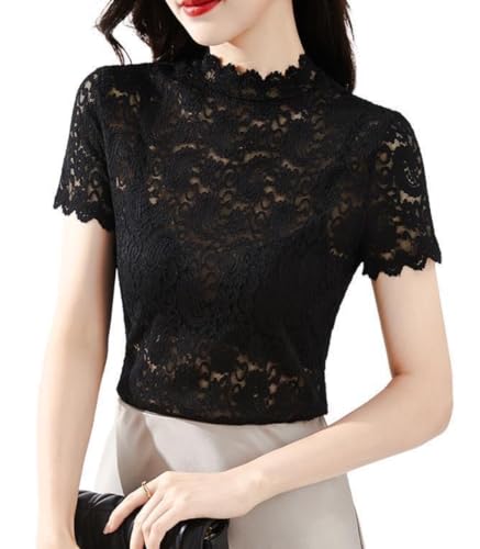 Womens Lace Tops Dressy Casual Short Sleeve Floral Summer Blouses Shirts Black L