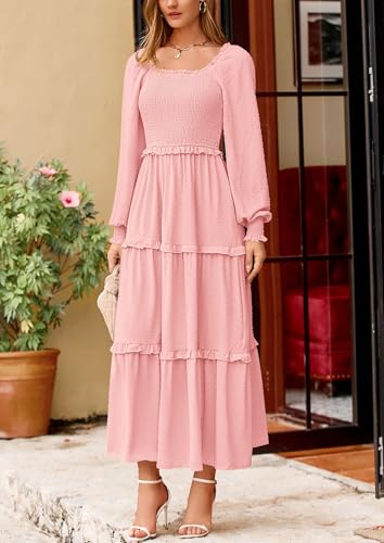 PRETTYGARDEN Fall Dresses for Women 2025 Long Sleeve Smocked Square Neck Swiss Dot Tiered Flowy Wedding Guest Maxi Dress