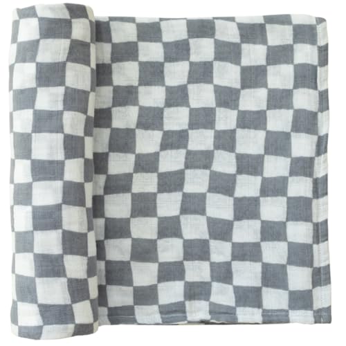 Image of Mebie Baby Dusty Blue Wavy Checkered Muslin Swaddle, Modern and Neutral Swaddle Blanket for Baby Girl or Boy, Soft Baby Blankets, Newborn Swaddle Blanket, 0-3 Month, Comfy Wrap, Baby Essentials