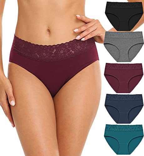 Culotte Femme Coton Confort Slips Respirant Hipster Dentelle sous-vêtements Lot de 5 (Dark, M)
