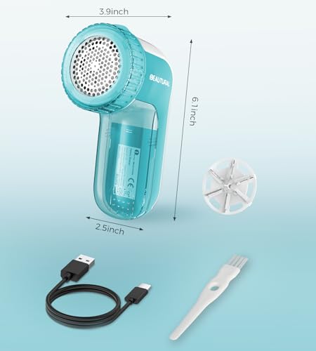 Image of BEAUTURAL Fabric Shaver, Rechargeable Lint Remover, Electric Portable Sweater Defuzzer with 3 Speeds, 6 Leaf Blades, Digital LED Display, Remove Pilling for Clothes, Furniture, Sweater, Couch, Blanket