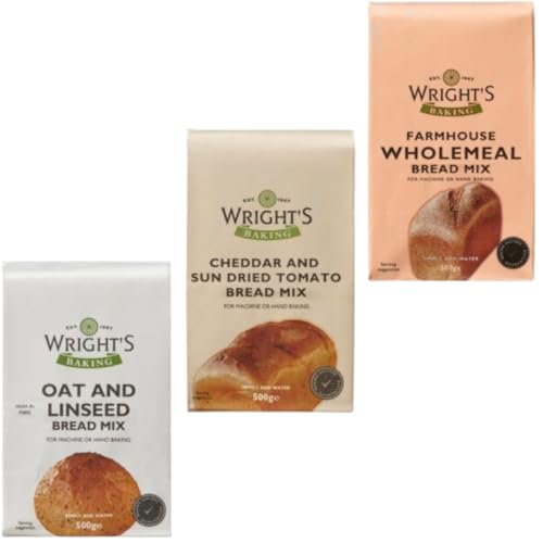 Wright's Oat & Linseed - Cheddar & Sundried Tomato & Farmhouse Wholemeal Bread Mix Each 500g - High-Fibre, Healthy, Versatile Baking - Bread Machine & Hand Baking
