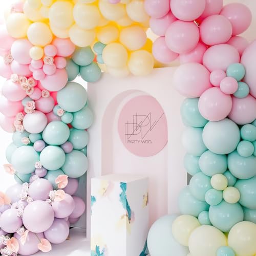 Image of PartyWoo Pastel Balloons 100pcs 5 Inch Pastel Rainbow Latex Balloons for Baby Shower Gender Reveal Engagement Bachelorette Easter Bridal Shower Anniversary Retirement Birthday Party Decorations