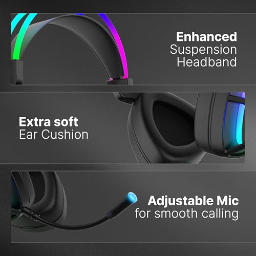 Image of Geonix Audicle Tres Stereo Wired Gaming Over Ear Headphone with RGB Light, 50mm Neodymium Driver, 2 Mtr braided Cable, Flexible mic, Extra Soft Cushion, Suspension Headband, 3.5mm+USB Connector(Black)