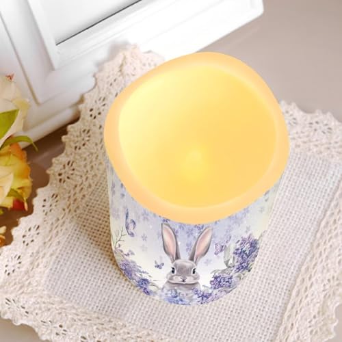 Image of Easter Bunny Purple Floral Plastic Flameless Candles with Remote Control and Timer LED Flickering Battery Electric Pillar Candles for Table Easter Decoration