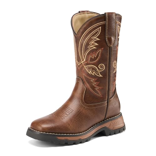 GINNI Little Kid Cowboy Boots for Boys Girls Kids Comfortable Square Toe Western Cowgirl Boots for Outdoor Farm Horse Riding Waterproof Non Slip Boot Shoes for School Casual Wear Brown Size 3L