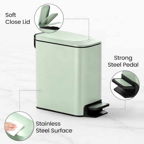 Image of TIPGO Small Bathroom Trash Can with Lid, 1.6 Gal, Soft Close, Green | Foot Pedal, Soft Quiet Lid, 5.9'' Slim for Narrow Space, Stainless Steel, Anti-fingerprint, Removable Inner Bucket, Odor Seal