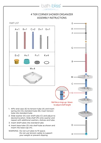 Bath Bliss 4 Tier Tensions Corner Shower Caddy | Shelves| Adjustable 48“-101”| Bathroom Organizer| Bathtub And Shower Stall| Holds Large Bottles| Soap| Shampoo| Washcloths| Matte White. #TOP5