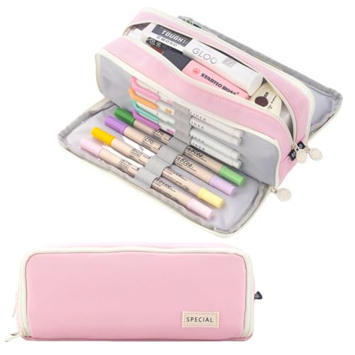 Image of iSuperb 3 Compartments Pencil Case Pouch Big Capacity Pencil Holder for Kids Teen Girls Boys Student School Supplies Oxford Stationery Storage Cosmetic Case (Pink)
