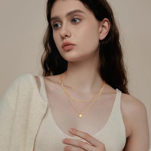 Mesovor Gold Layered Necklaces for Women, 18k Gold Plated Dainty Trendy Disc Pendant Necklace | Beaded Coin Diamond Snake Chain Choker Necklace Jewelry Gifts - Image 6