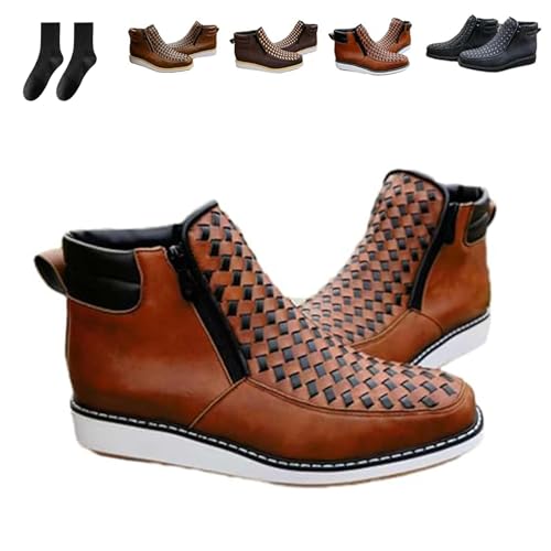 Zenfaze Handcrafted Western Cowboy Boots, Men's Square Toe Leather Double Zipper Hand-Woven Cowboy Boot with Double Side Zipper