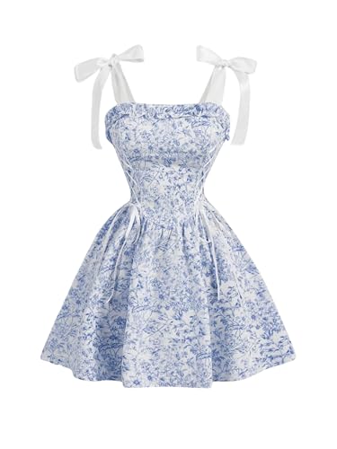 Milumia Women's Floral Tie Shoulder Cami Dress Lace Up Side Vintage Flared Short Dresses